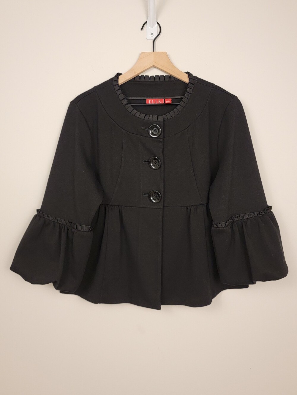 Elle Black Peplum Babydoll Jacket Bell Sleeve Ruffle Collar Women's Size L